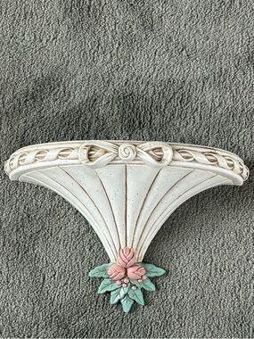 Vintage Burwood Wall Shelf Cream Flowers Bow Plastic Hanging #3120